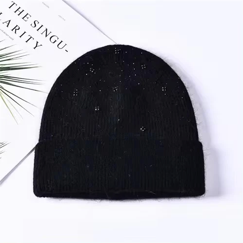 Rhinestone Ribbed Cashmere Beanie- Black