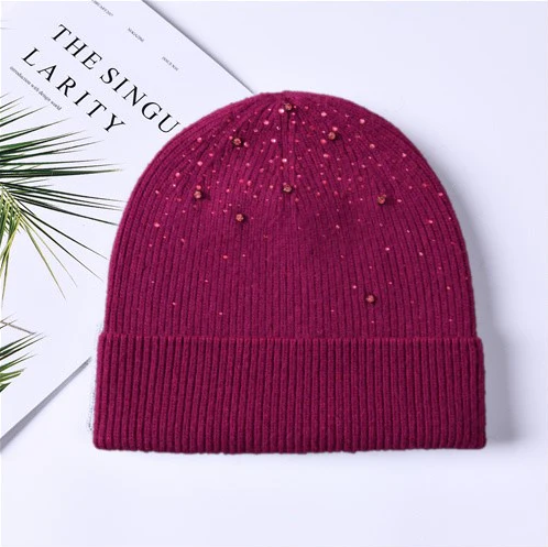 Rhinestone Ribbed  Cashmere Beanie- Magenta