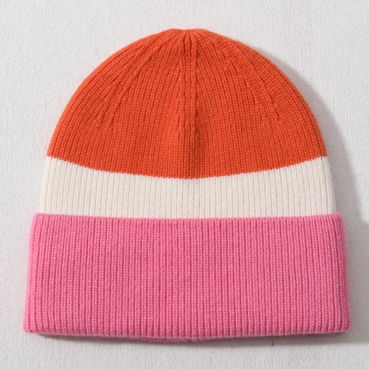 Cashmere colour block beanie- pink and orange