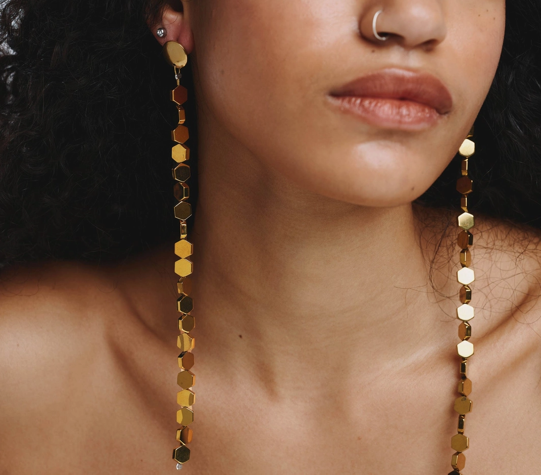 Long Gold Hematite Long Earrings