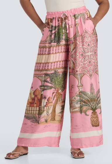 Tropical Print Wide Leg Pant- PINK