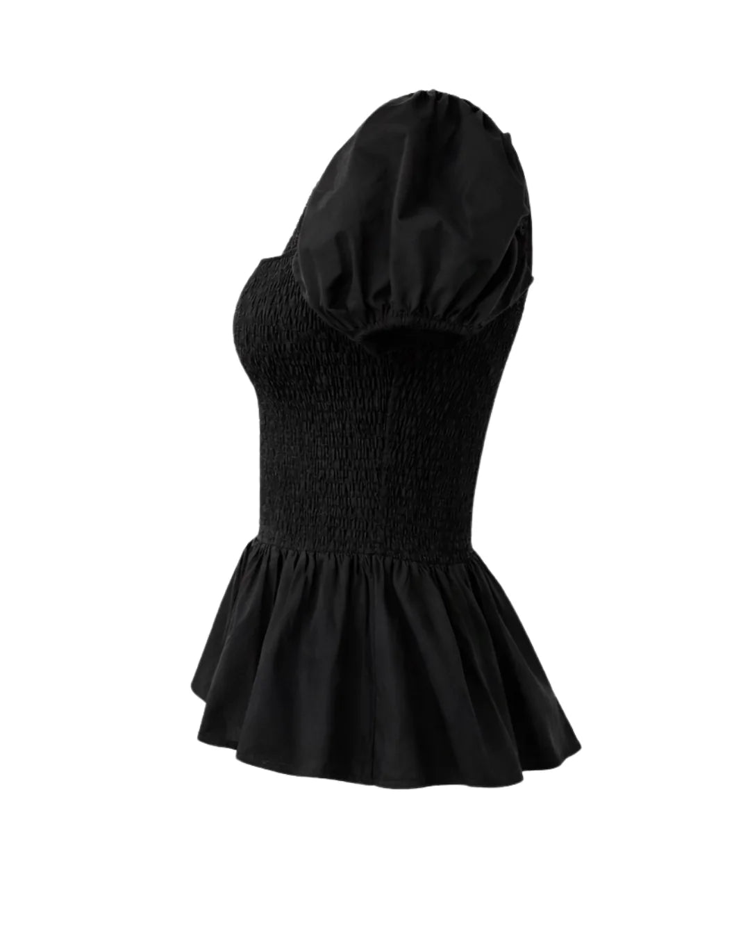 100% Cotton Puff Sleeve Peplum Top - BLACK