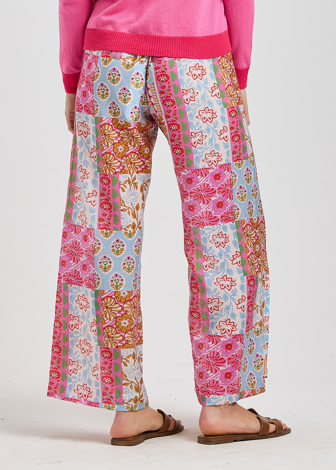 Multi Colour Floral Printed Lightweight Pant with Pockets- Pink Green White Blue