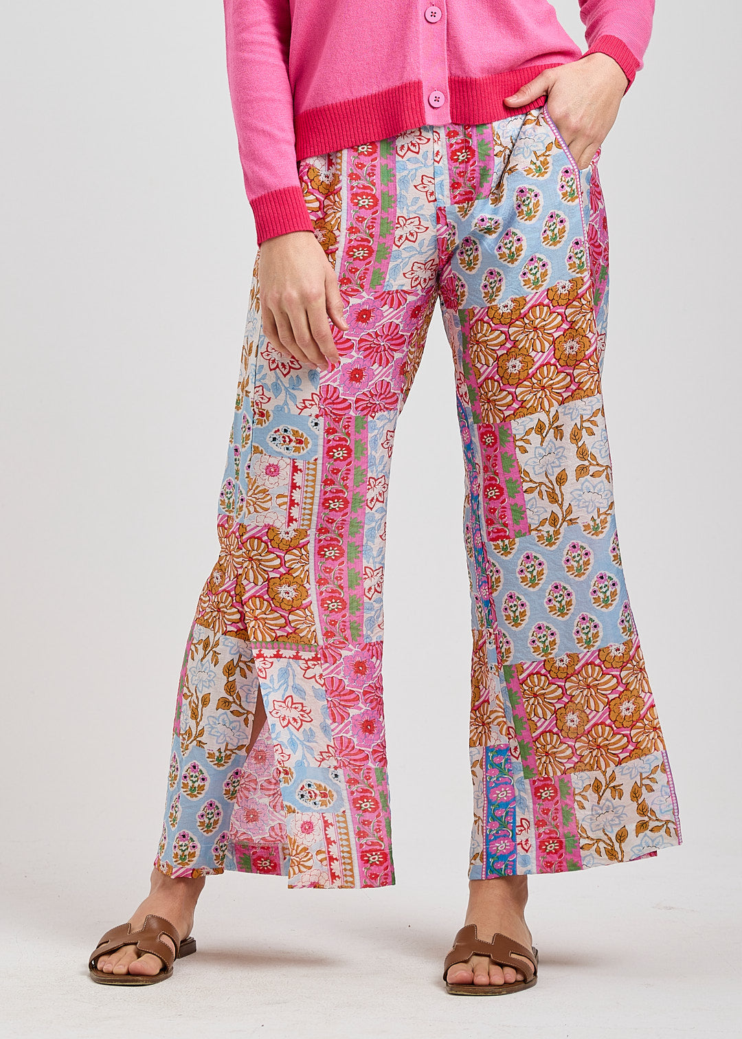 Multi Colour Floral Printed Lightweight Pant with Pockets- Pink Green White Blue