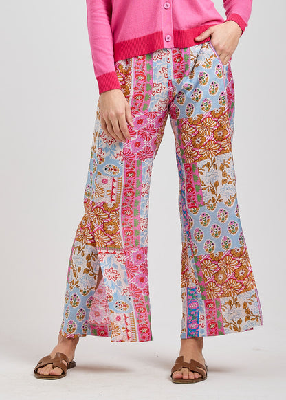 Multi Colour Floral Printed Lightweight Pant with Pockets- Pink Green White Blue