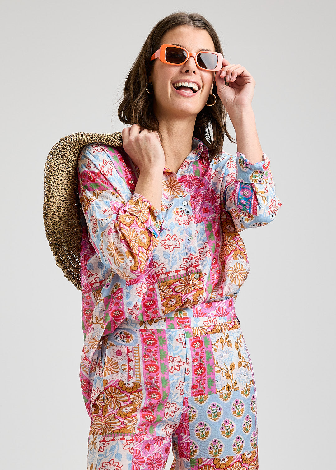 Multi Colour Floral Printed Lightweight Oversized Shirt- Pink Green White Blue