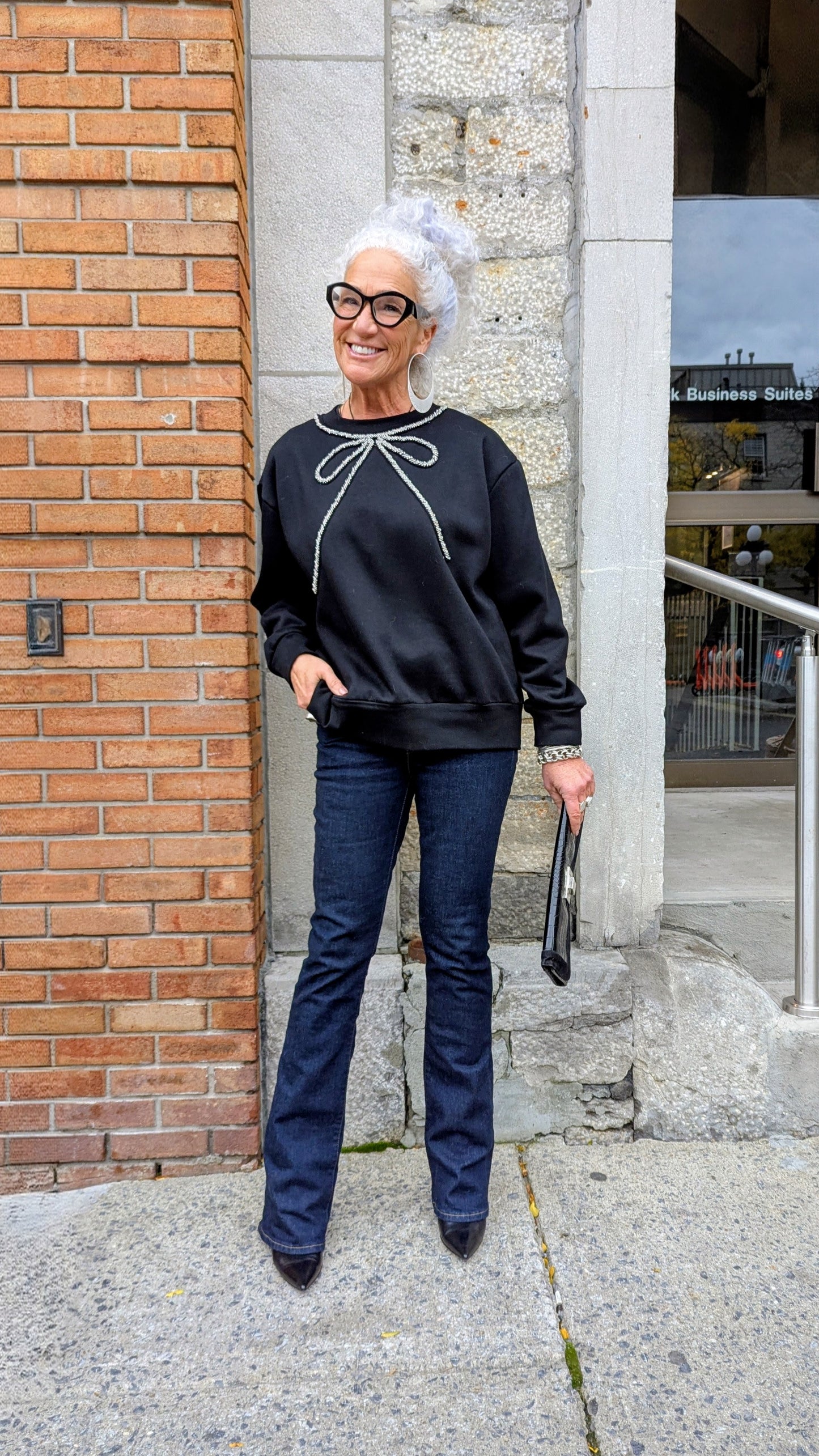 Black Sweatshirt with Jewel Neck Detail