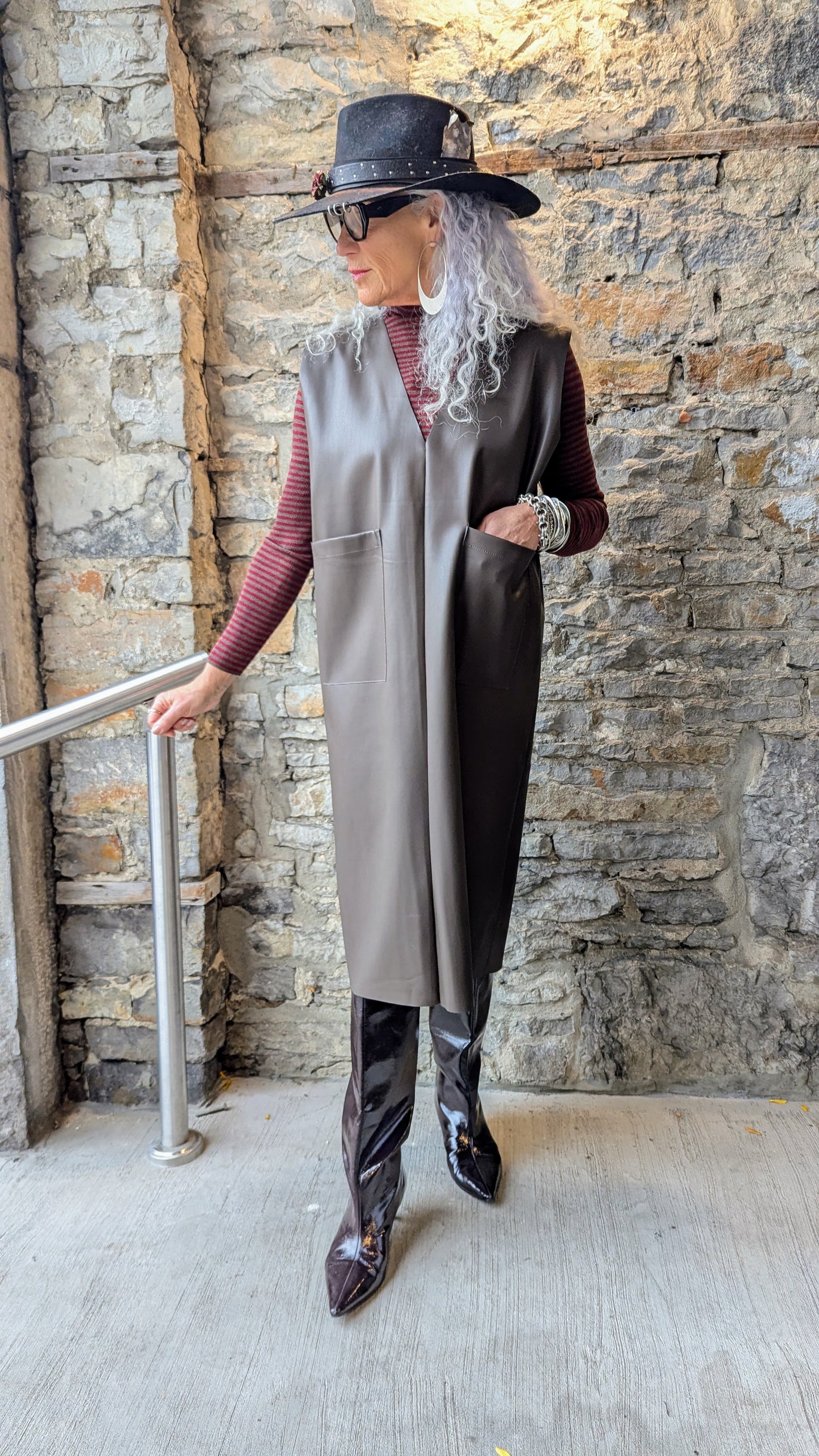 Brown vegan leather sleeveless tunic with patch pockets