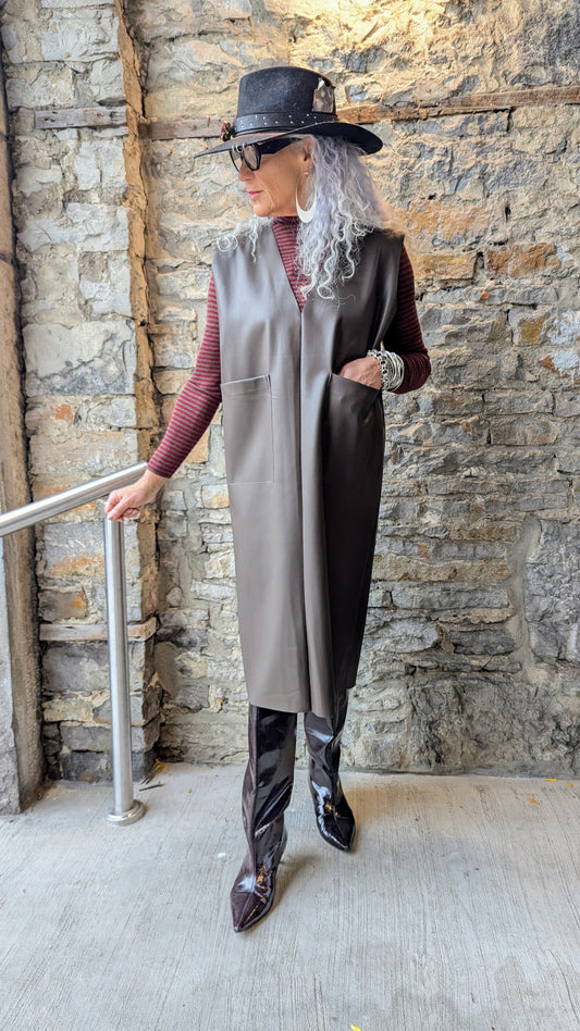 Brown vegan leather sleeveless tunic with patch pockets