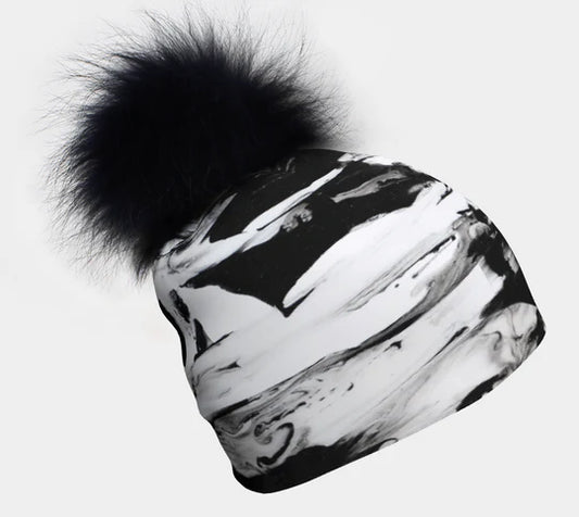 Canadian Artist Print Stretch Beanie with Removable Black PomPom - Black and White