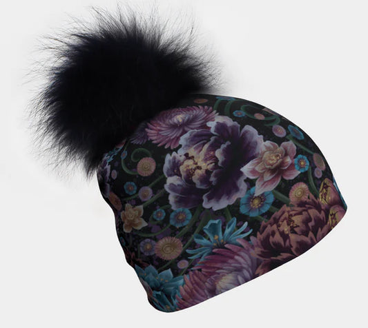 Canadian Artist Print Stretch Beanie with Removable Black PomPom - Floral