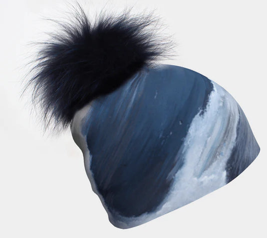 Canadian Artist Print Stretch Beanie with Removable Black PomPom - Blue and White