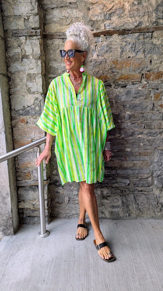 100% Cotton Oversized Bright Striped Dress- Green and Yellow