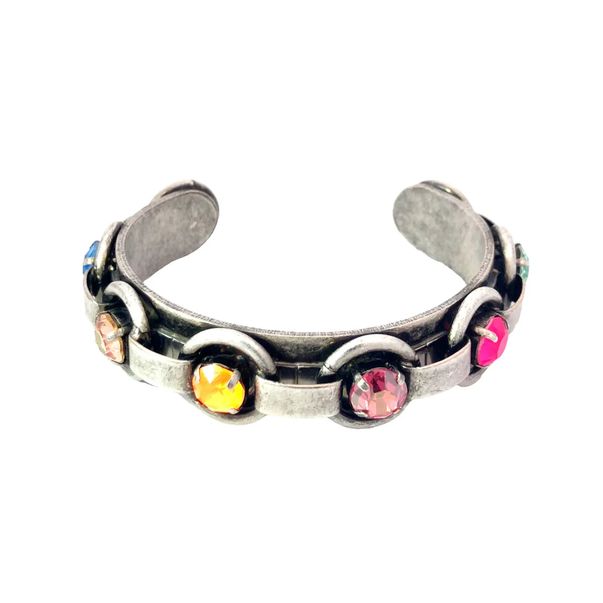 Antique Silver Cuff Bracelet Mutli Coloured Rainbow Swarovski Crystals