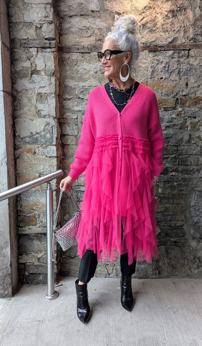 Knit Cardigan with Midi Length Tiered Tulle Skirt-HOT PINK