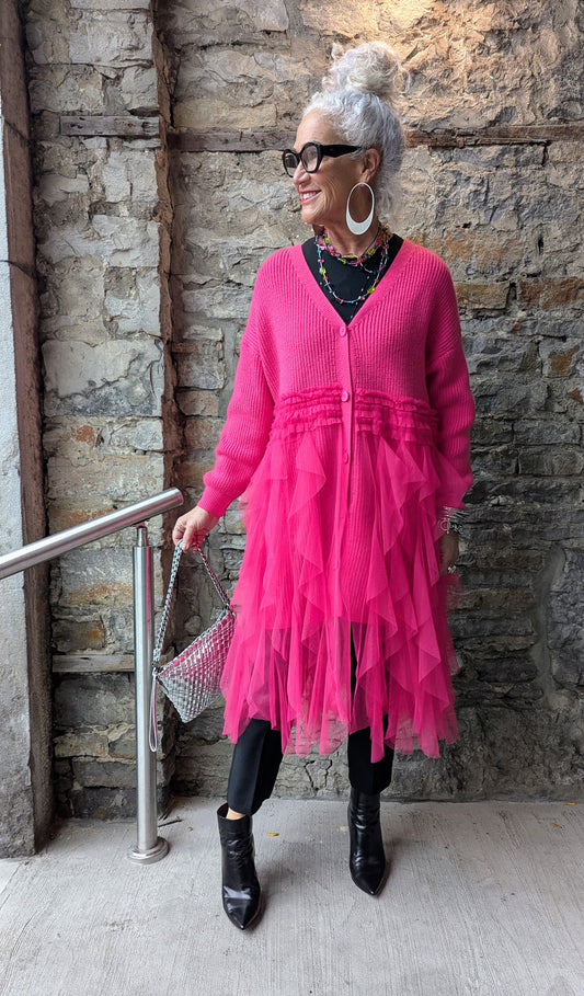 Knit Cardigan with Midi Length Tiered Tulle Skirt-HOT PINK