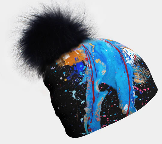 Canadian Artist Print Stretch Beanie with Removable Black PomPom - Blue Paint Splatter