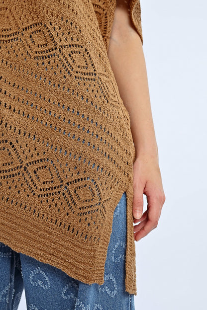 Tan Open Front Crochet Sweater