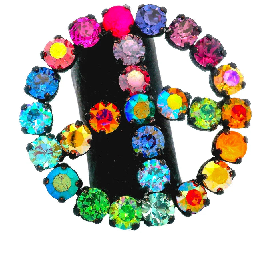 Multi Colour Crystal One Size Peace Ring- BLACK
