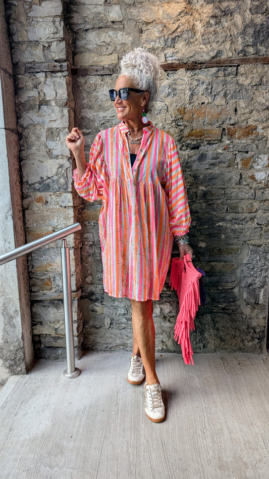 100% Cotton Oversized Bright Striped Dress- Pink and Orange