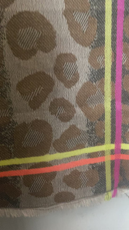 Animal Print Scarf with Neon Stripe Brown Beige Grey Pink Yellow Orange