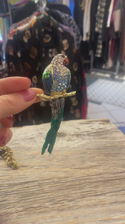 Blue and Green Parrot Brooch with Hinge Tail