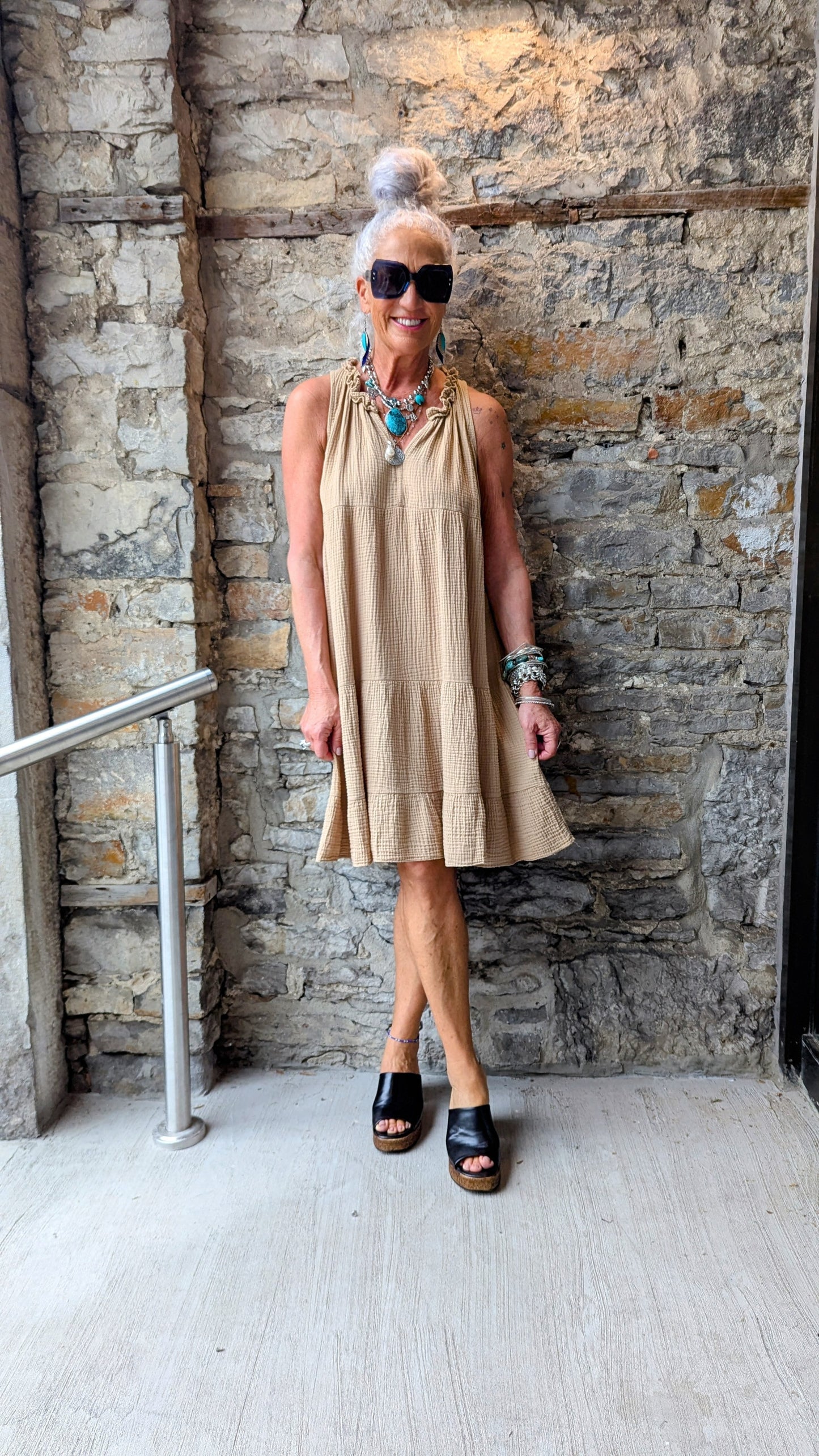 100% Waffle Cotton Sleeveless Flounce Summer Dress - TAN CAMEL