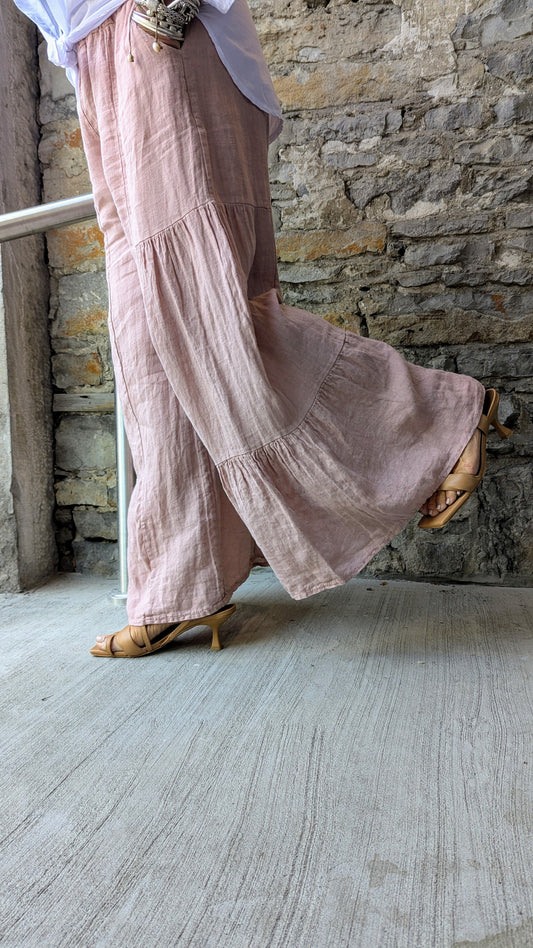 100 % Linen Boho Flounce Pants with POCKETS- Dusty Pink