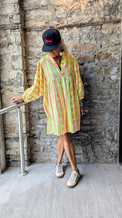 100% Cotton Oversized Bright Striped Dress- Orange and Yellow