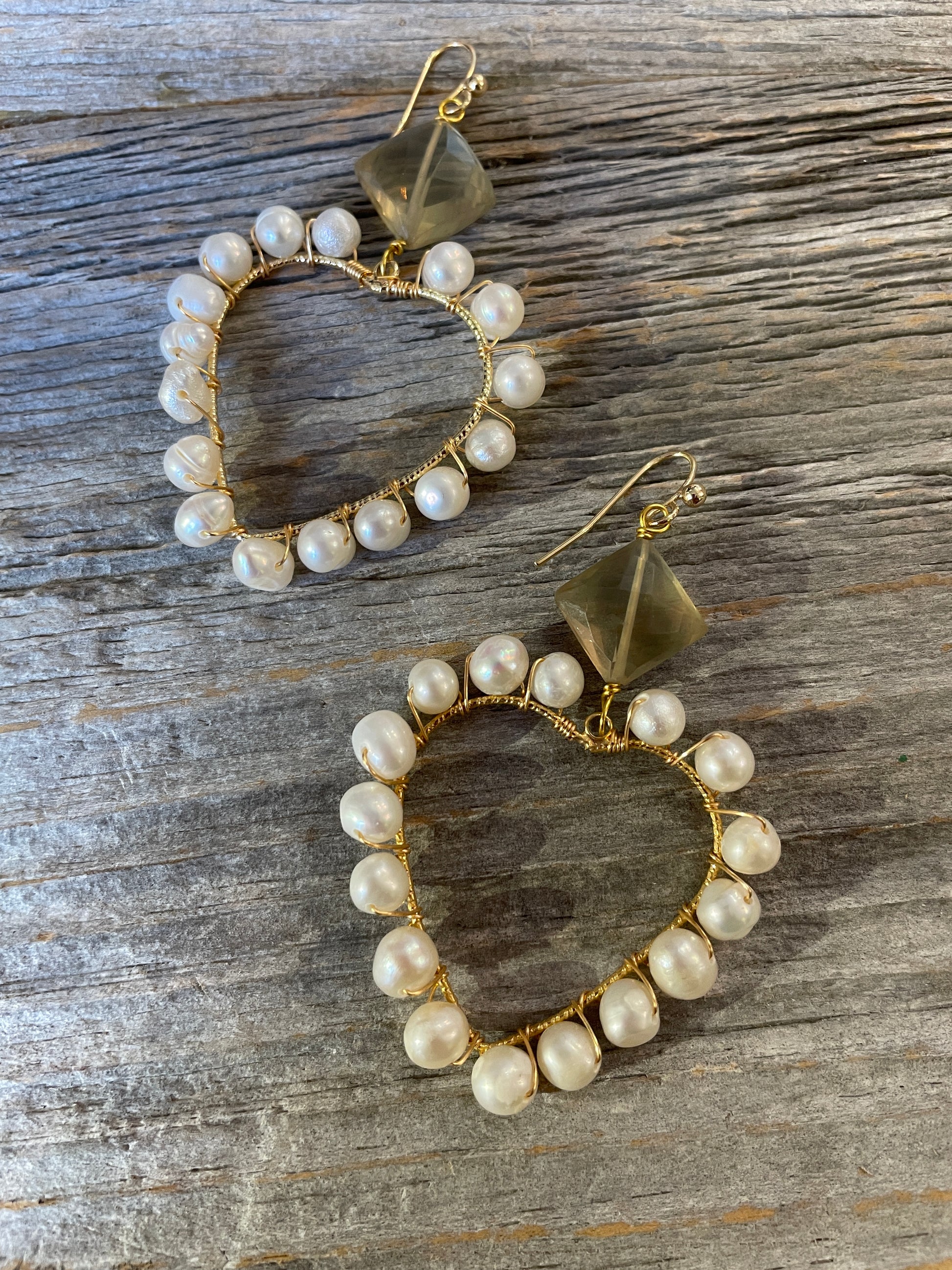 Handmade Gold drop hearts with pearl detail with faceted semi precious lemon quartz