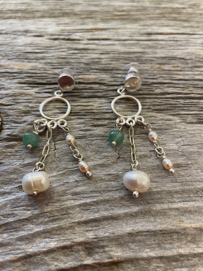 Sterling Silver 2" chandelier Earrings with freshwater pearls and jade Exclusively made for the shop