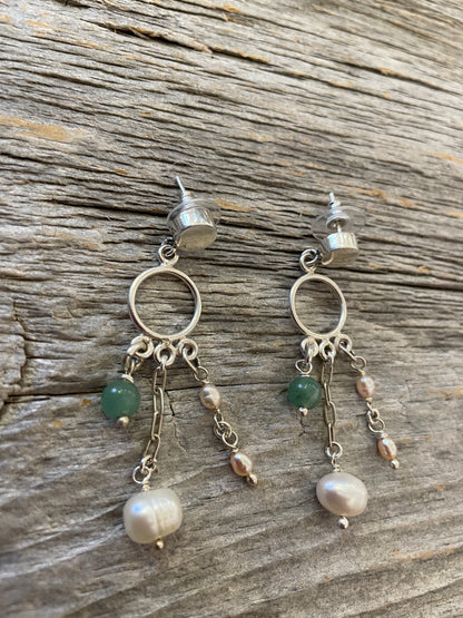 Sterling Silver 2" chandelier Earrings with freshwater pearls and jade Exclusively made for the shop