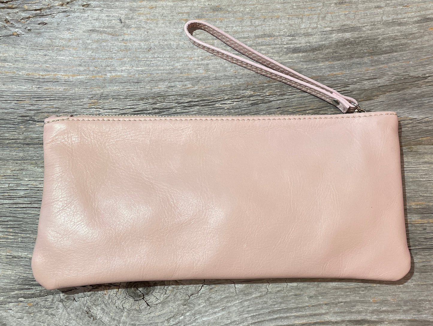 Blush Pink 100% Calf Leather Wristlet with silver hardware