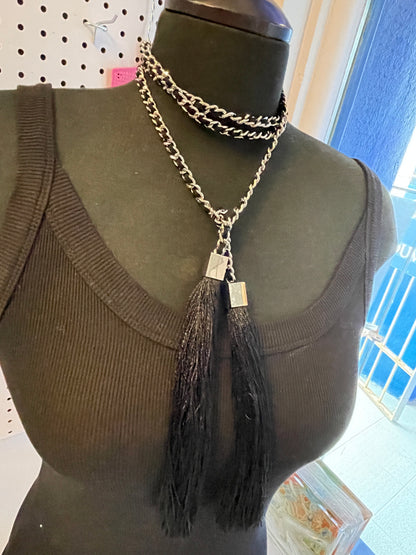 50" Black and Silver small chain belt with tassel