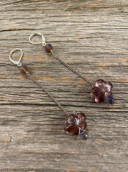 3.5" Silver Chain Earring with vintage purple resin & semi precious Cluster