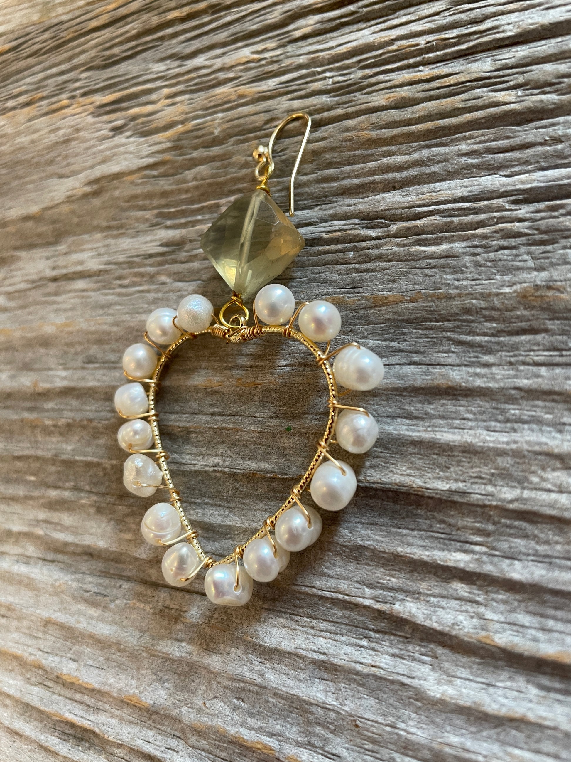Handmade Gold drop hearts with pearl detail with faceted semi precious lemon quartz