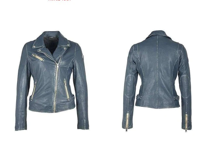 Moto Lambskin Leather Jacket Denim Blue