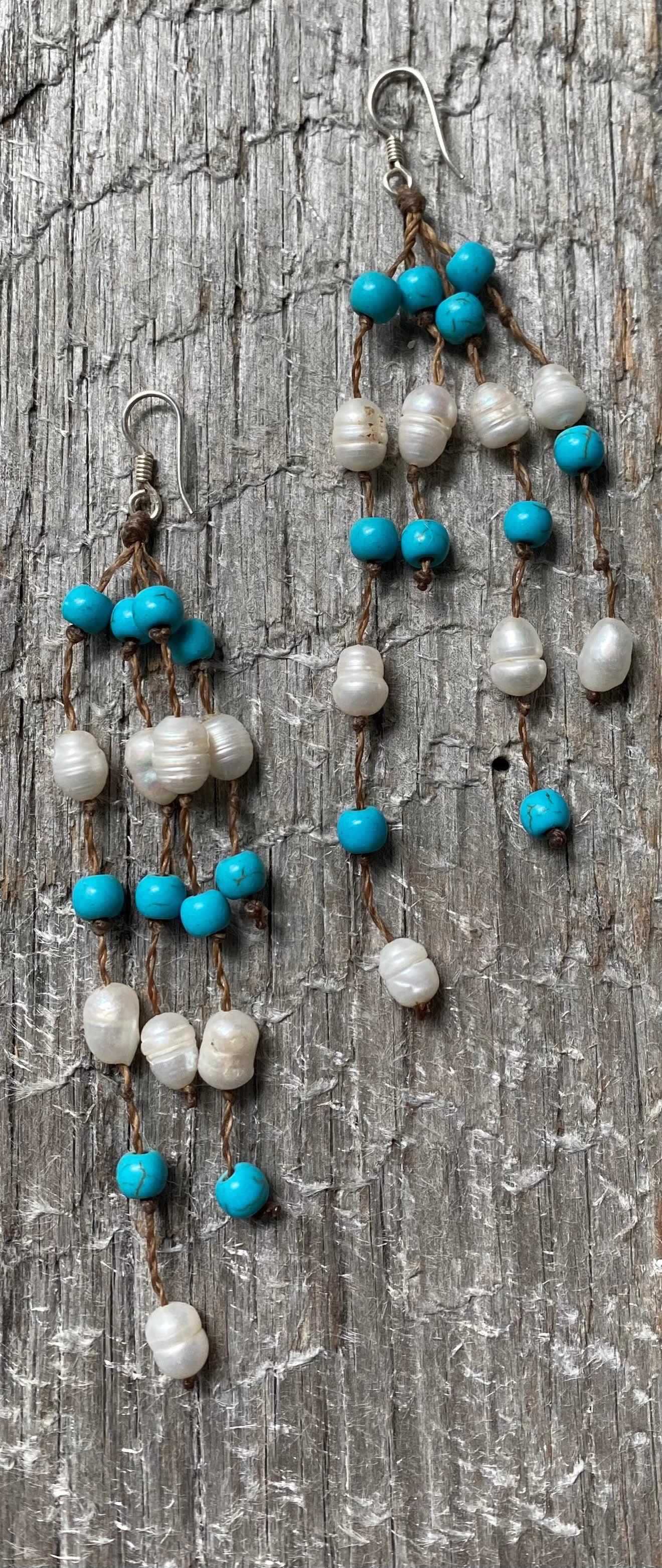Earrings freshwater pearl  turquoise beads tan leather with sterling silver hook - STUNNING!