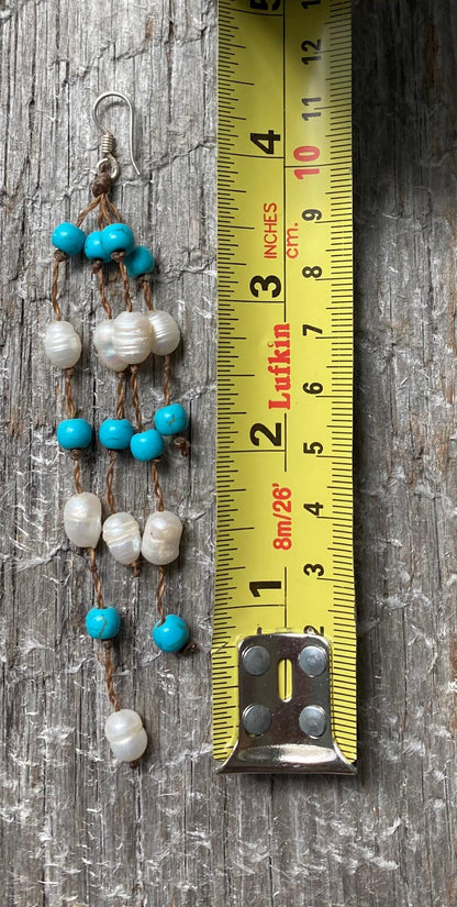 Earrings freshwater pearl  turquoise beads tan leather with sterling silver hook - STUNNING!