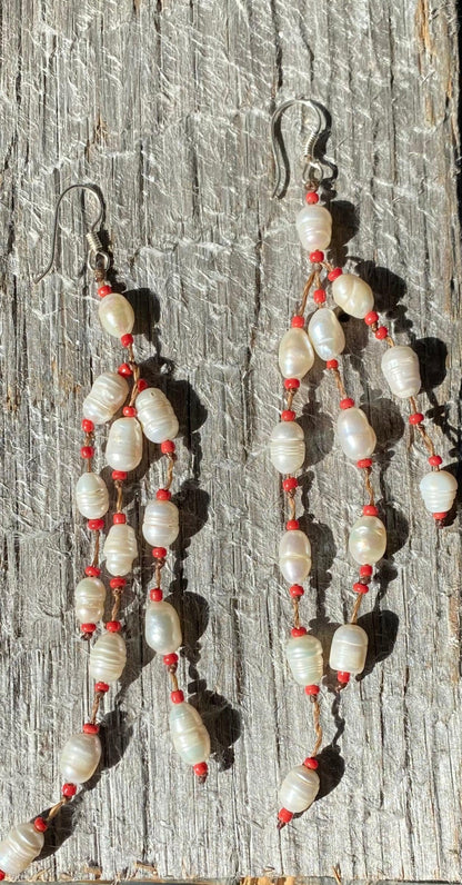 Earrings large freshwater pearl & red glass beads with sterling silver hooks - STUNNING!