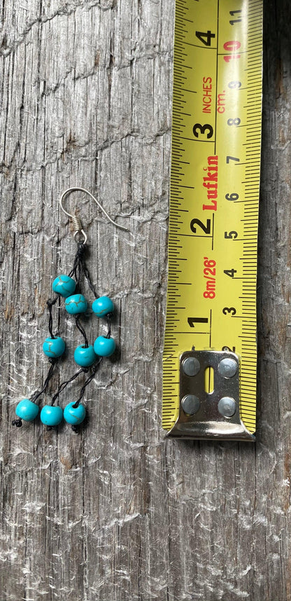 Earrings short turquoise beads on black leather with sterling silver hooks - STUNNING!