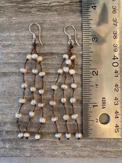 Earrings small white pearl on tan leather with sterling silver hook - STUNNING!