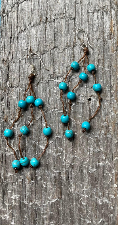 Earrings turquoise beads and tan leather with sterling silver hooks - STUNNING!